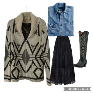 Stetson Cream Gray Aztec Geometric Shawl Collar Zip Wool Blend Cardigan Medium